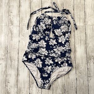 Medium navy floral print halter swimsuit